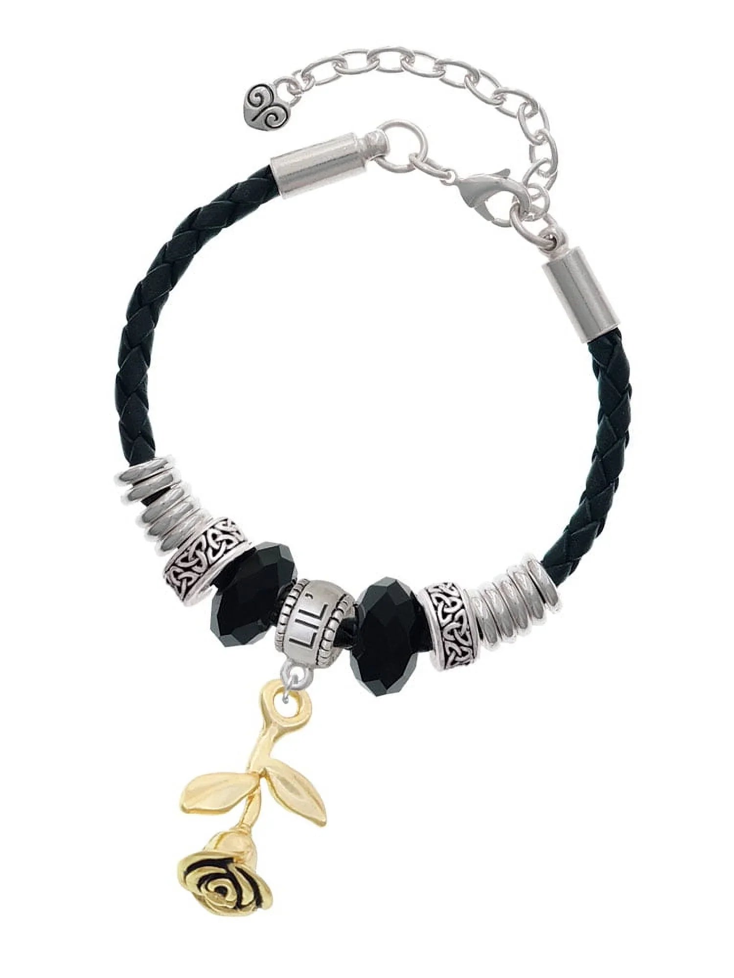 Delight Jewelry Goldtone Stemmed Rose Lil Sister Celtic Knot Leather Bead Bracelet, 7"+2" Extender