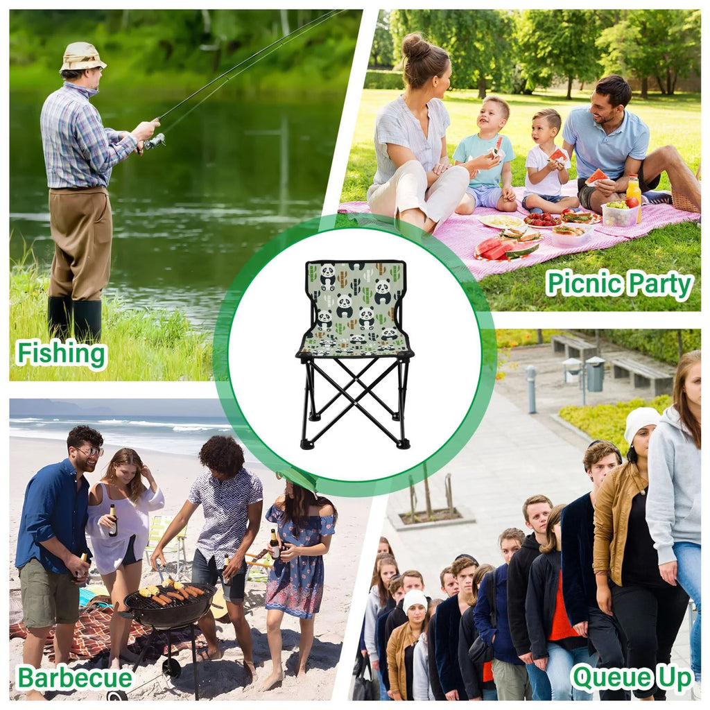 Cartoon Pandas and Bamboos Portable Camping Chair Outdoor Folding Beach Chair Fishing Chair Lawn Chair with Carry Bag Support to 220LBS