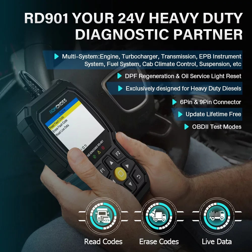 Romondes RD901 Heavy Duty Truck Scanner  OBD2 Scan Tool   Diesel Scanner All System Diagnostic Tool with  Oil Light Reset  Heavy Duty Truck  Car  2 in 1 Code Reader