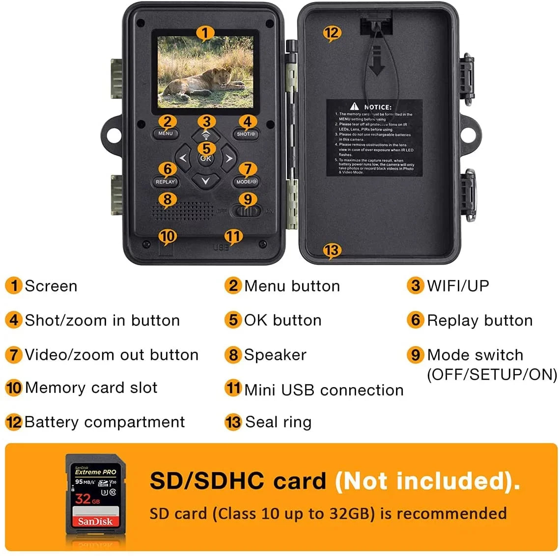 WiFi Trail Camera 30MP 1296P Bluetooth Hunting Game Camera with Infrared Night Vision Motion Activated Trail Camera with IP66 Waterproof for Wildlife Monitoring
