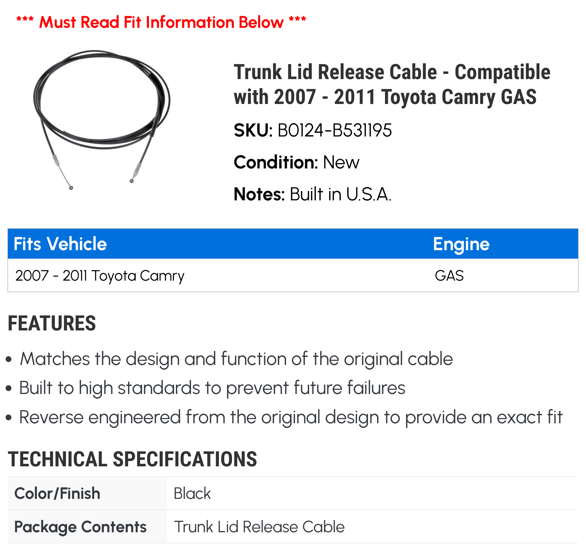 Trunk Lid Release Cable - Compatible with 2007 - 2011 Toyota Camry  2008 2009 2010