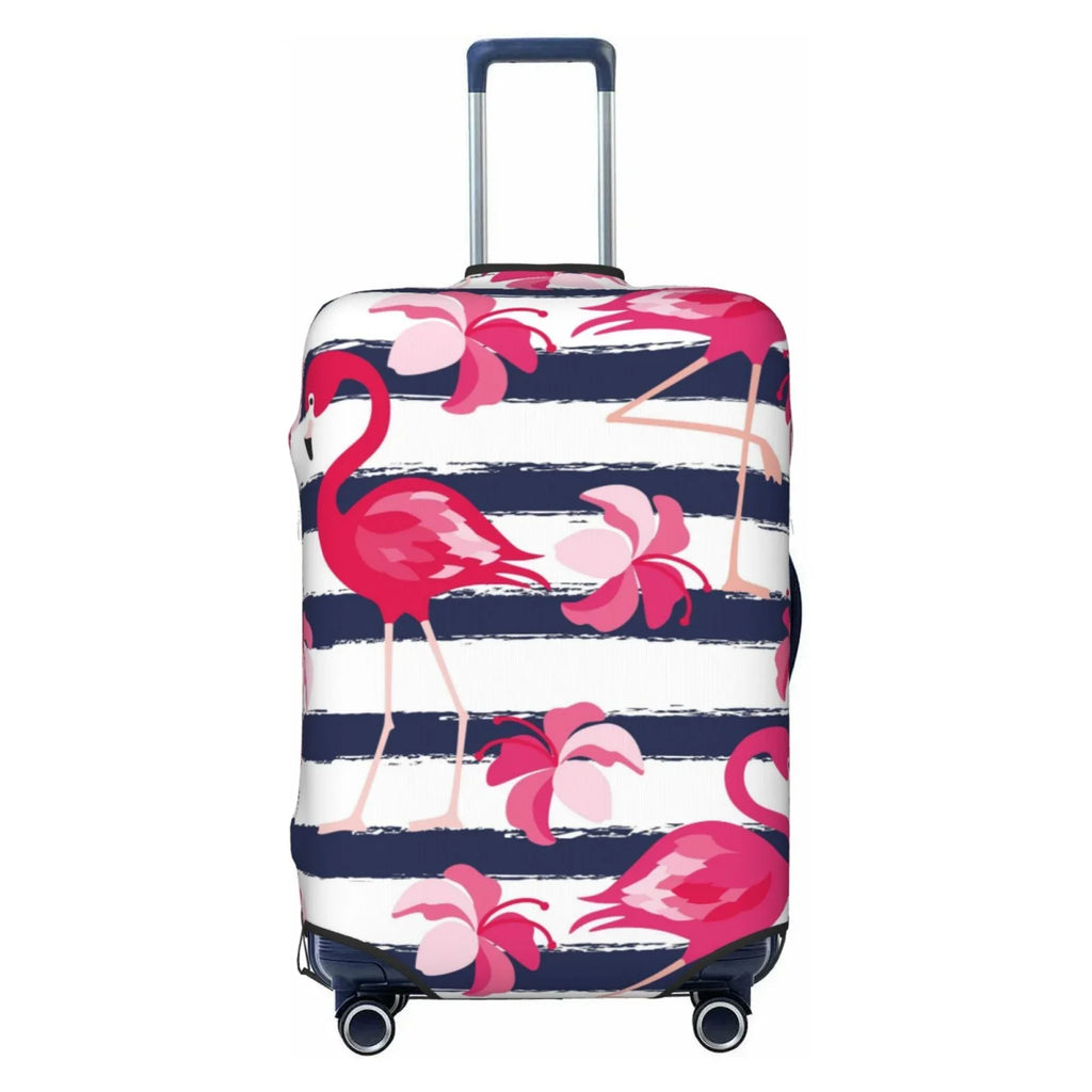 Ocsxa Travel Dust-Proof Suitcase Cover Dark Blue Stripes And Pink Flamingos Print Luggage Cover Protector For 18-32inch