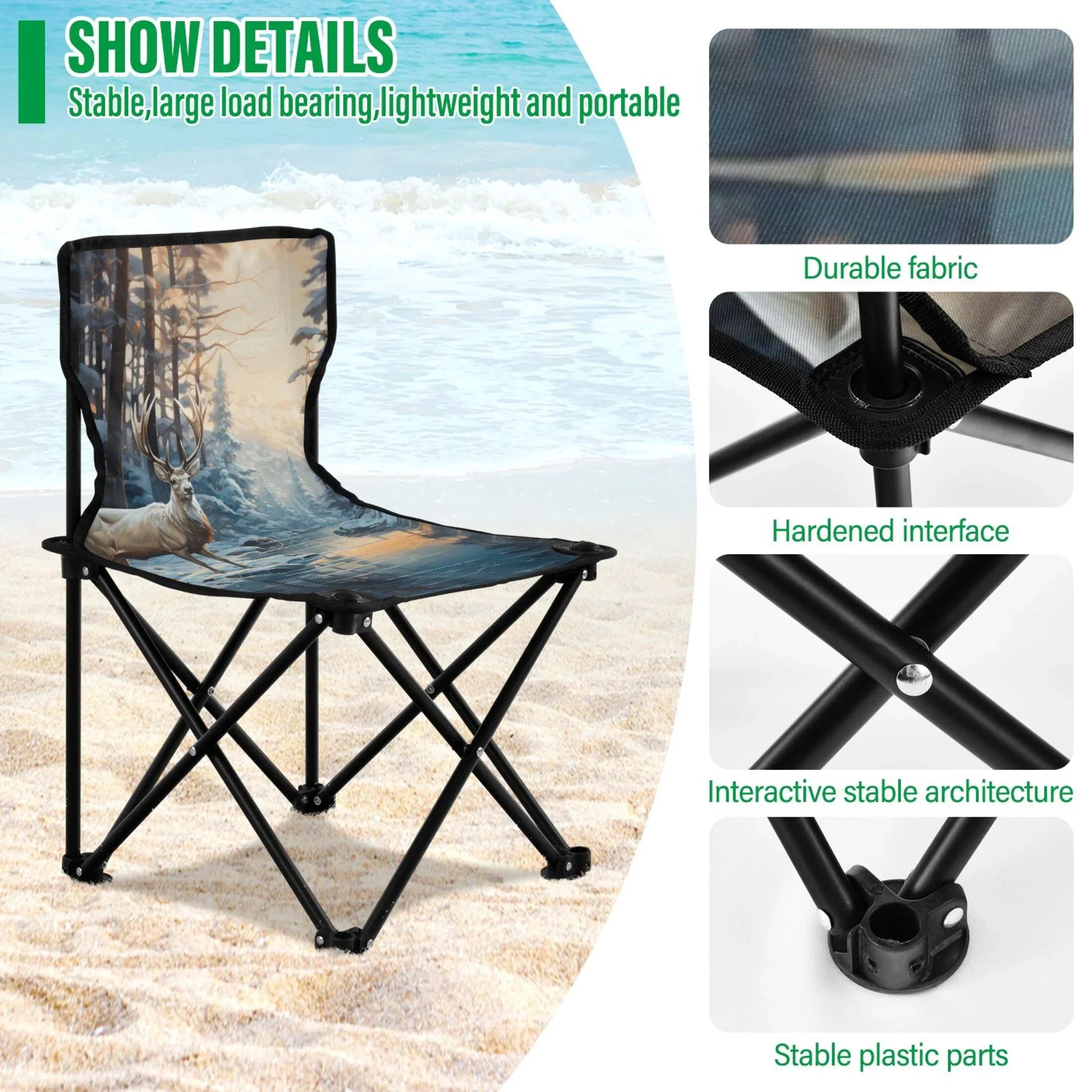 Deer in Winter Forest Portable Camping Chair Small for Kids Outdoor Folding Beach Chair Fishing Chair Lawn Chair with Carry Bag