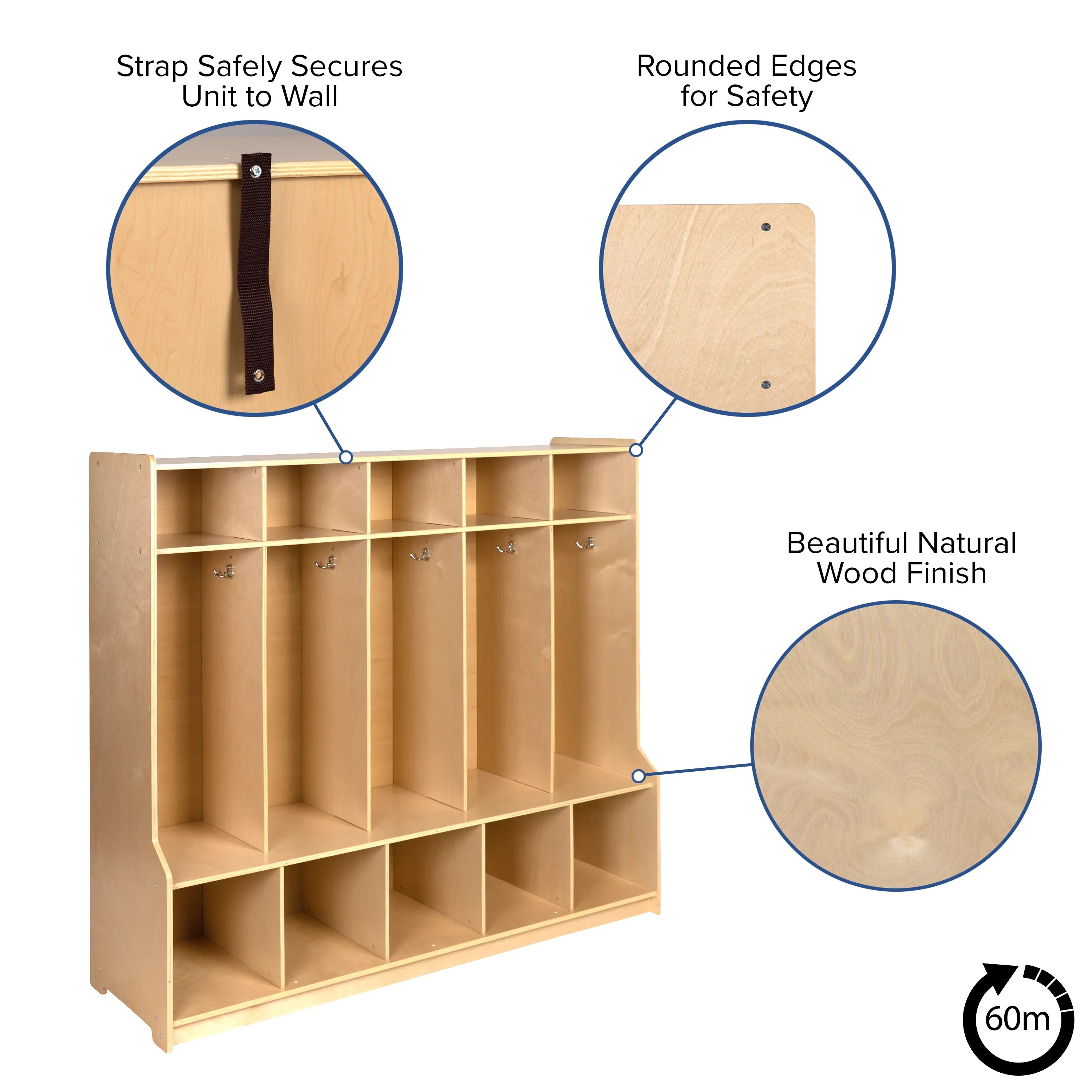 BizChair Wooden 5 Section School Coat Locker with Bench, Cubbies, and Storage Organizer Hook-Safe, Kid Friendly Design - 48"H x 48"L (Natural)