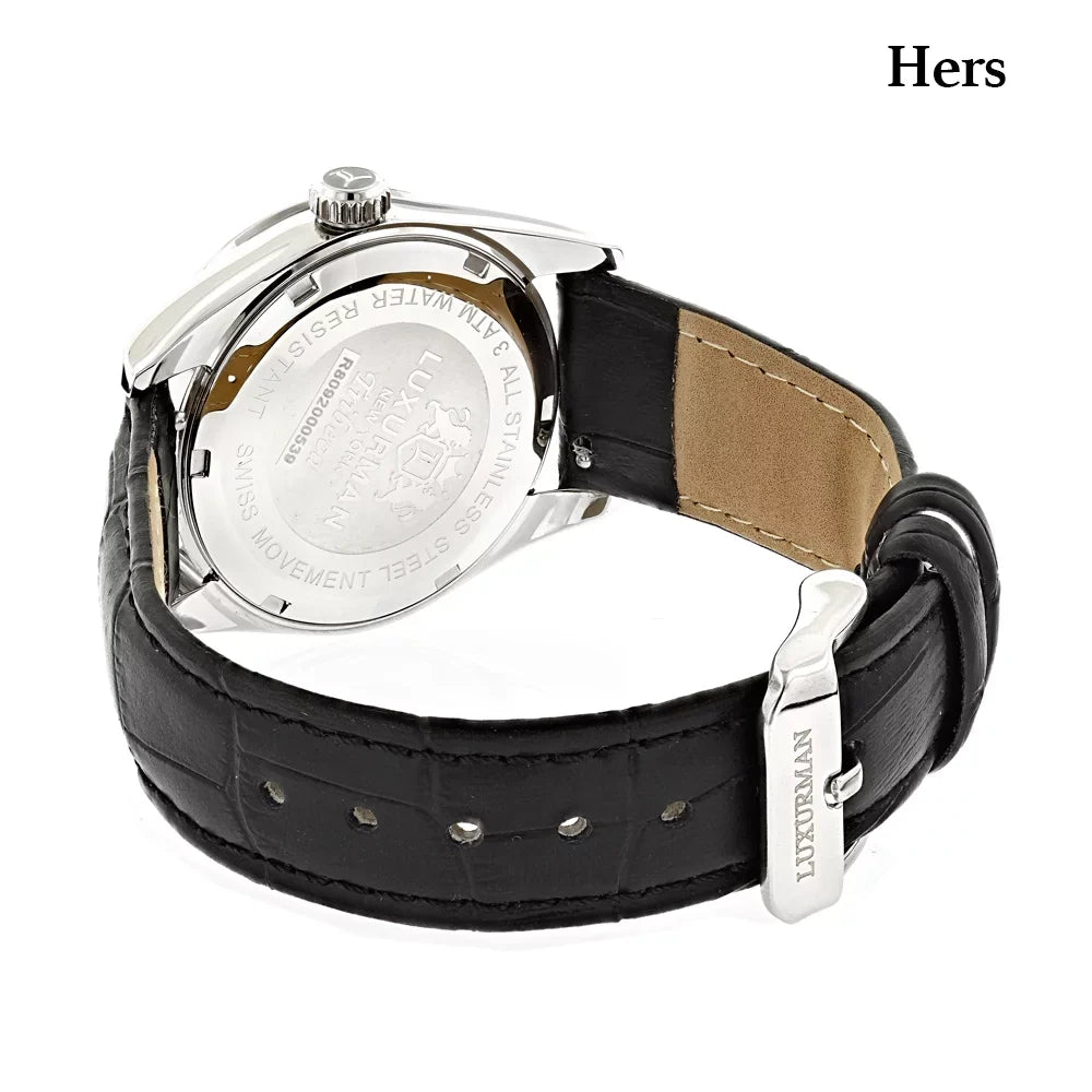 Swiss Mvt Matching His and Hers Real Diamond Watches w Black Leather Band White