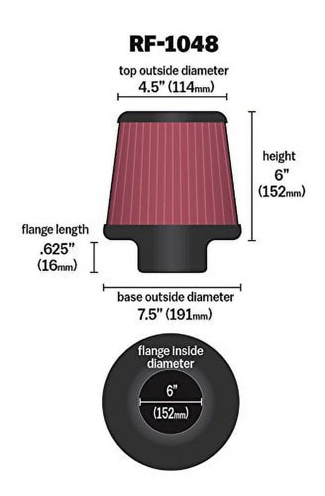 K&N Universal Clamp-On Engine Air Filter: Washable and Resuable: Round Tapered; 6 in (152 mm) Flange ; 6 in (152 mm) Height; 7.5 in (191 mm) Base; 4.5 in (114 mm) Top , -1048