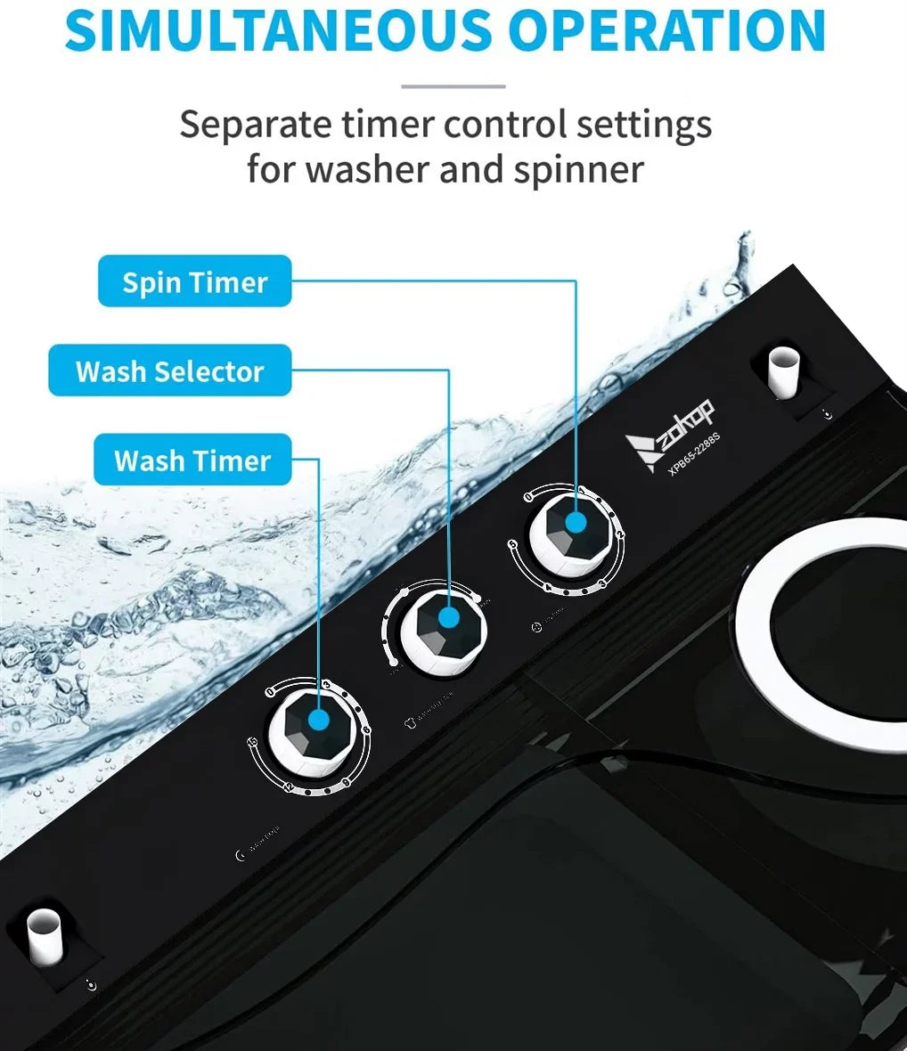 Twin Tub with Built-in Drain Pump XPB65-2288S 26Lbs Semi-automatic Twin Tube Washing Machine for Apartment, Dorms, RVs, Camping and More, White&Black