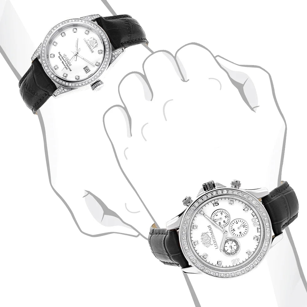 Swiss Mvt Matching His and Hers Real Diamond Watches w Black Leather Band White