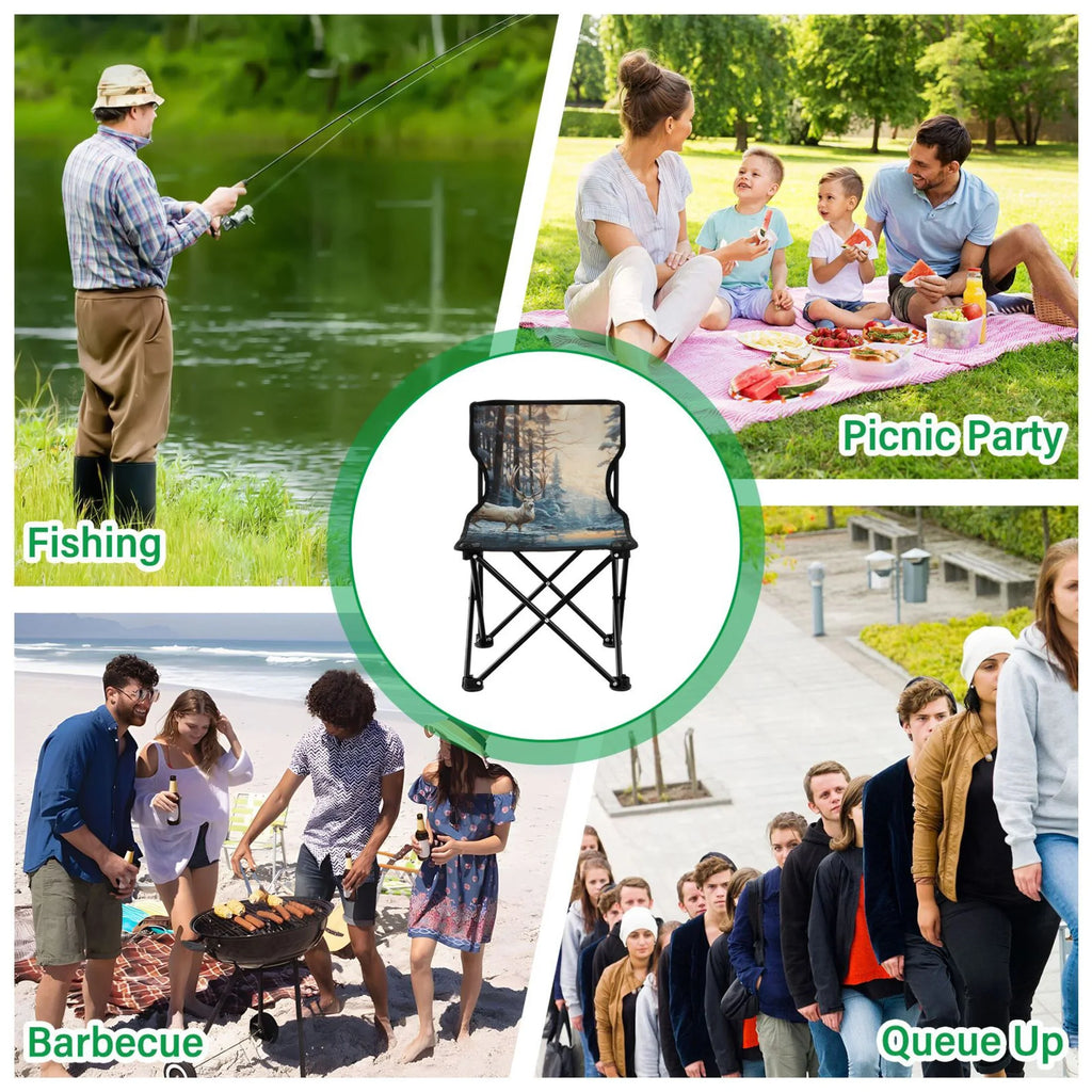 Deer in Winter Forest Portable Camping Chair Small for Kids Outdoor Folding Beach Chair Fishing Chair Lawn Chair with Carry Bag
