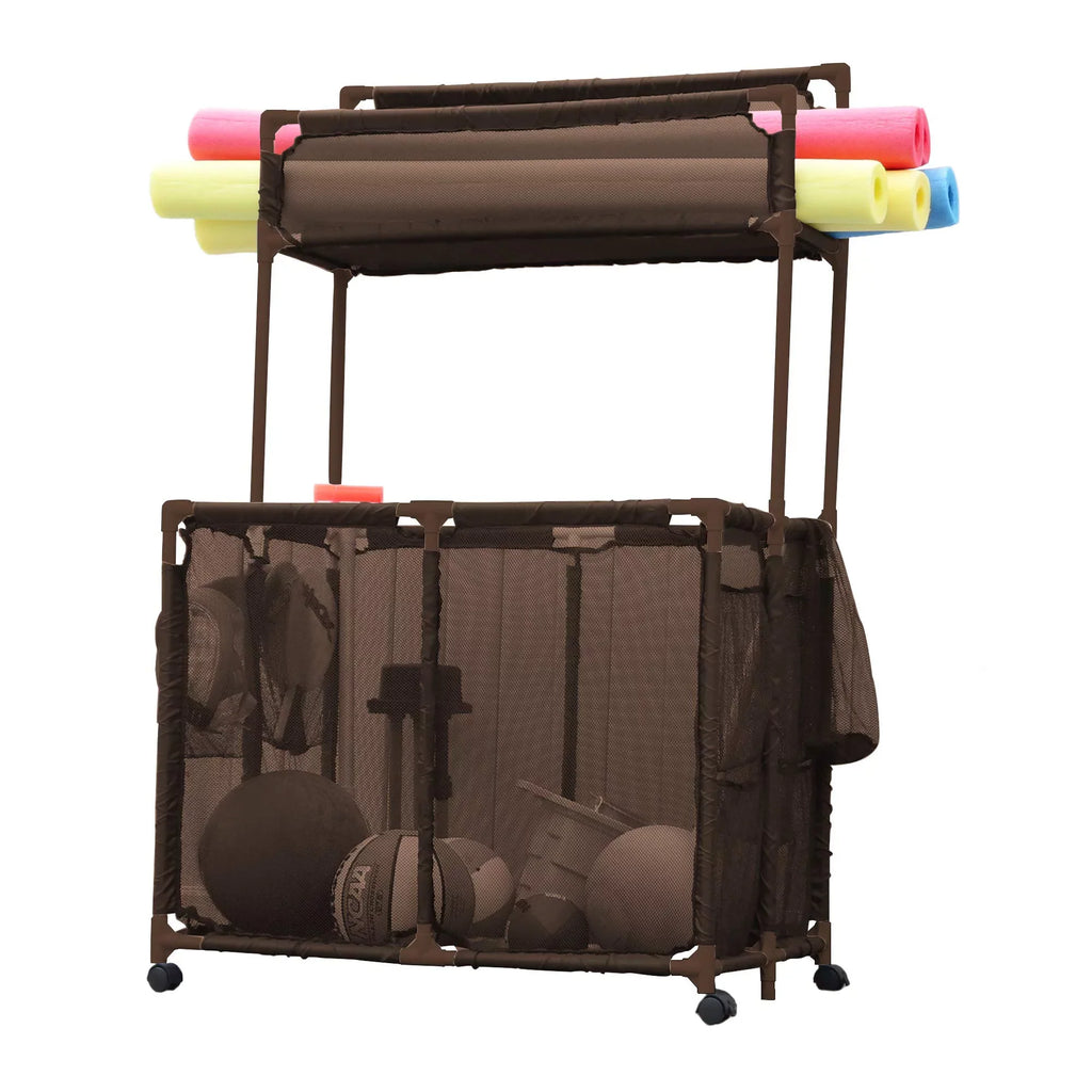 Essentially Yours Pool Storage Equipment Organizer Holder - Noodles, Toys, Balls and Floats Mesh Rolling Double Decker Bin, Large with Noodle Rack, (23" L x 35.3" W x 59.4" H), Brown