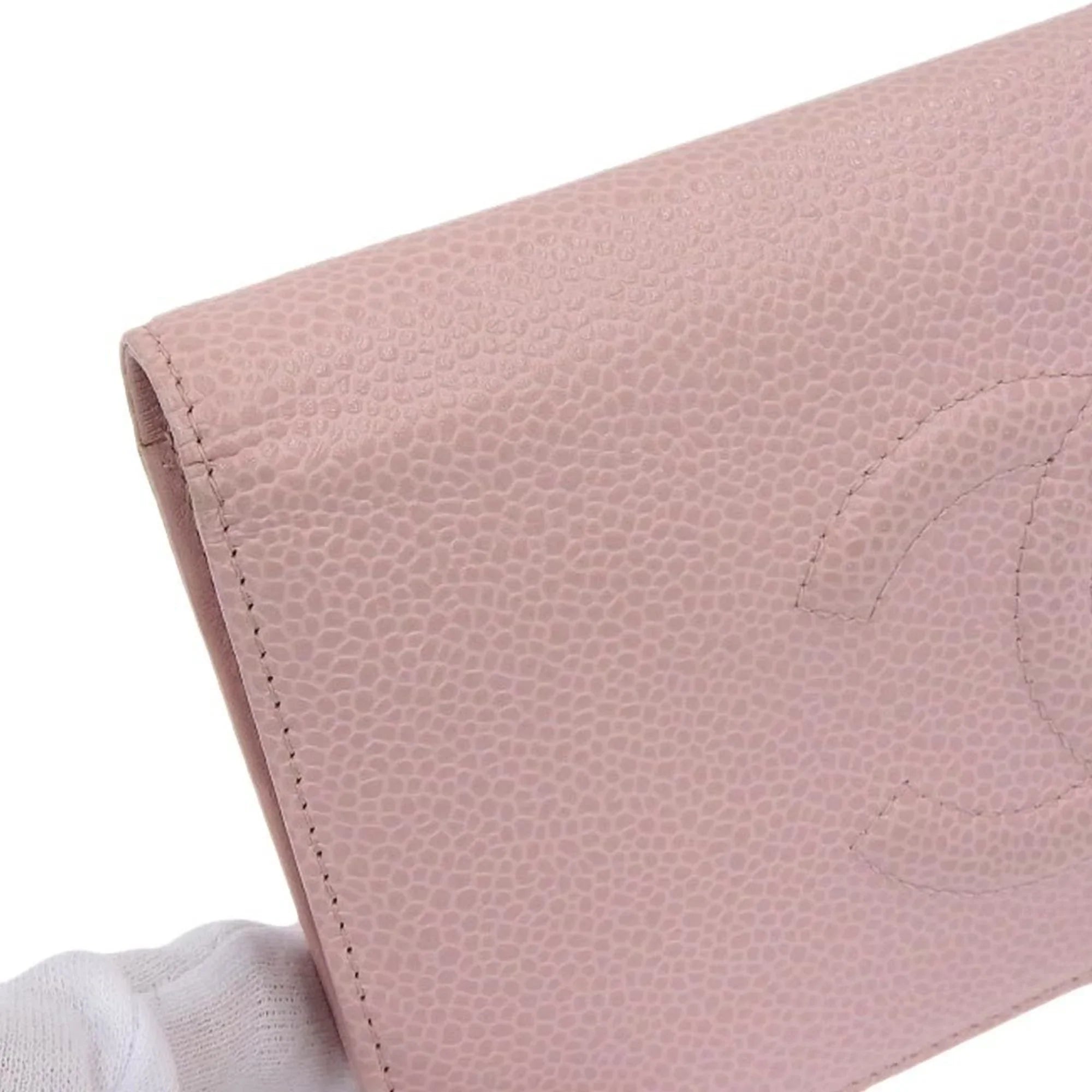 Pre-Owned Chanel  logo here mark bi-fold long wallet caviar skin pink A48651 16 series (Good)