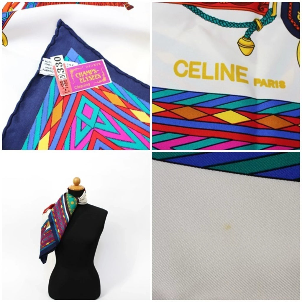 Pre-Owned Celine Silk Scarf Muffler White x Navy  | Ladies (Good)