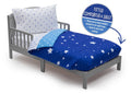 Toddler Bedding Set | Boys 4 Piece Collection | Fitted Sheet, Flat Top Sheet w/ Elastic bottom, Fitted Comforter w/ Elastic bottom, Pillowcase | Delta Children | Boys Starry Night | Blue Stars