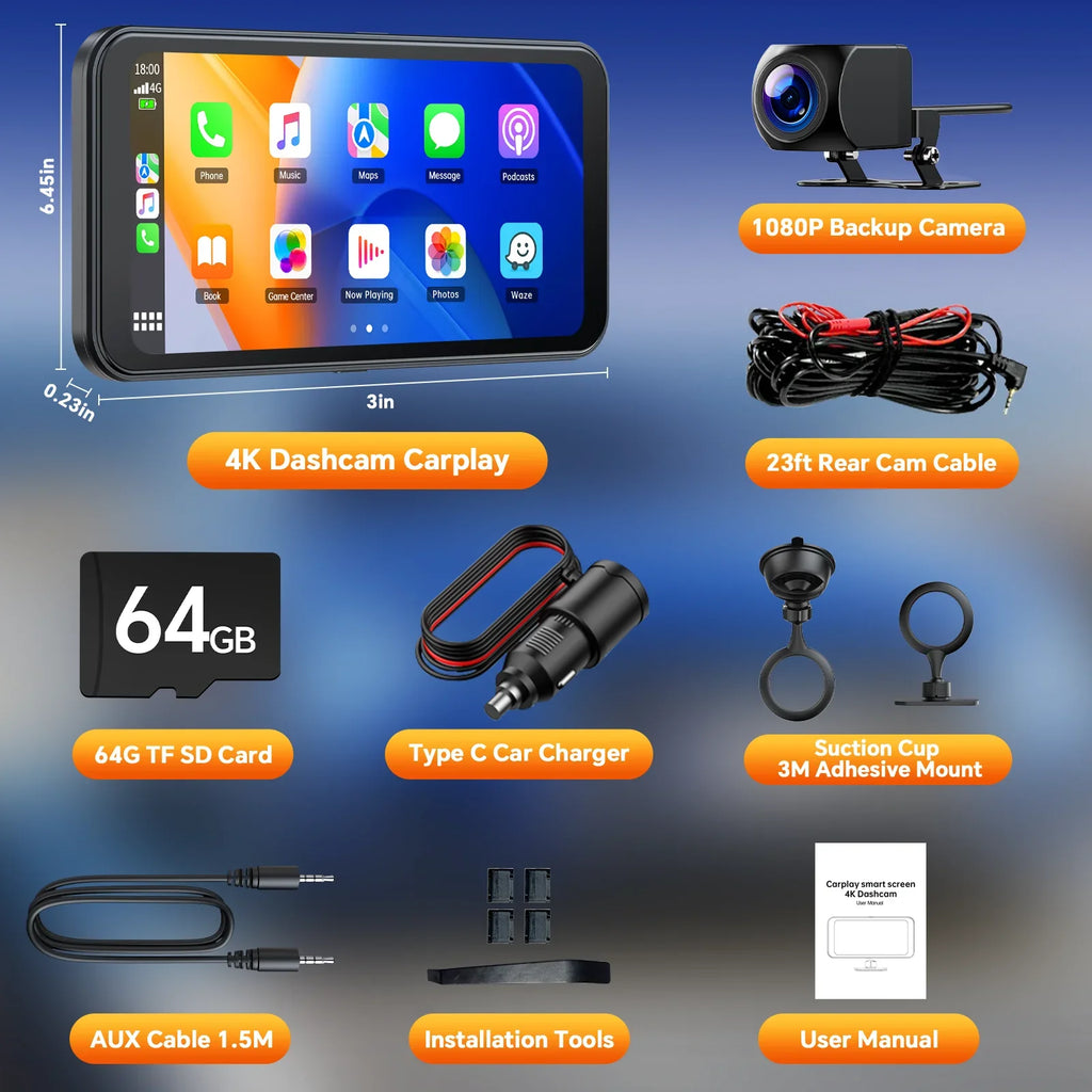 6.25" Portable Apple Carplay Android Auto Screen with 4K Ultra  Dash Cam, Wireless Car Play for  Navigation, Bluetooth Car Stereo, Backup Camera Park Assist, Mirror Link Car Radio Receiver