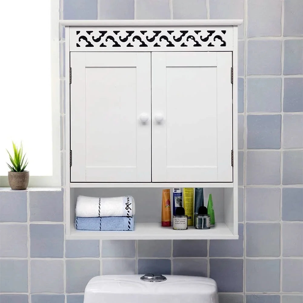 UBesGoo Wall Mounted Medicine Cabinet, Bathroom Storage Cabinet with Double Doors and Open Shelf for Kitchen Home Hotel, White