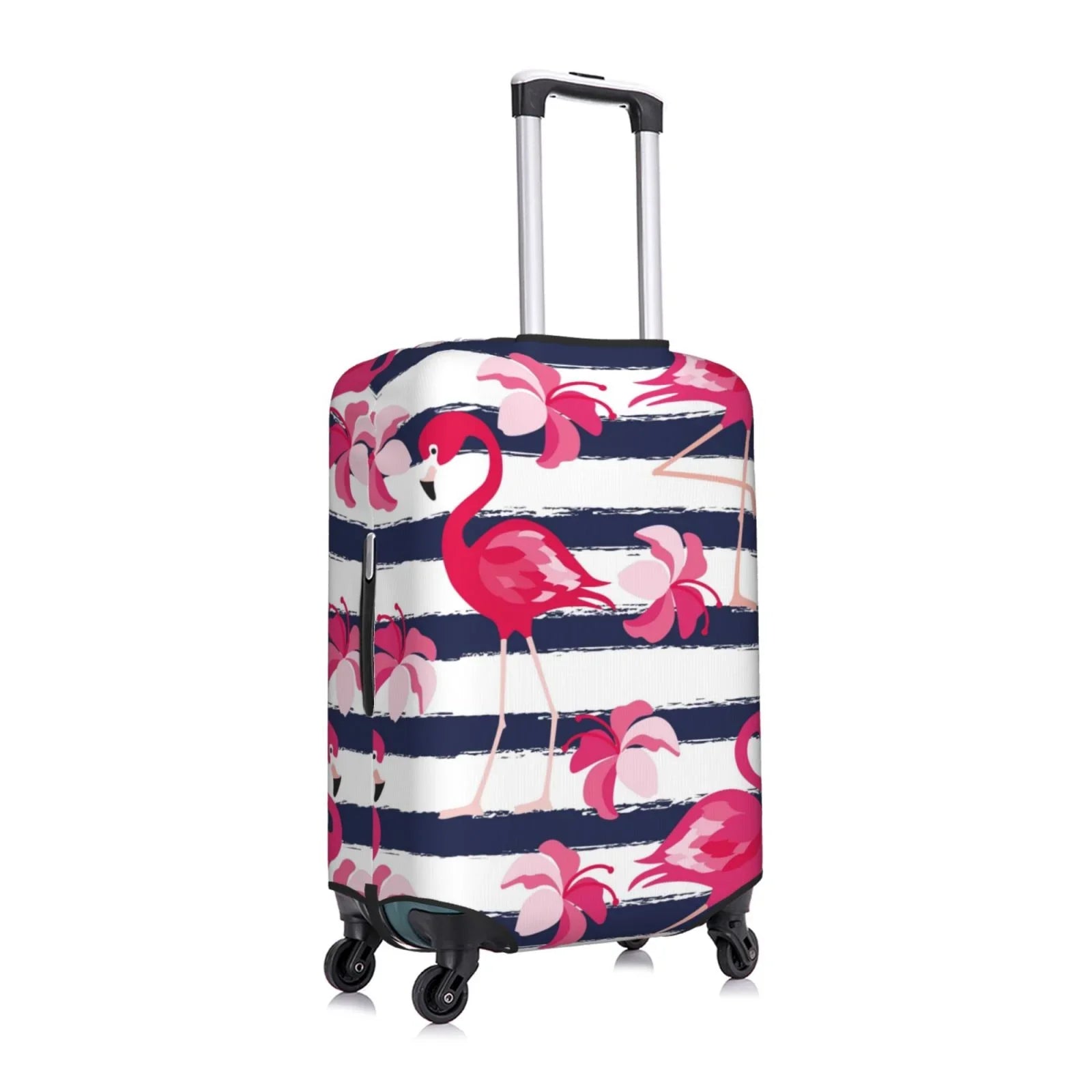 Ocsxa Travel Dust-Proof Suitcase Cover Dark Blue Stripes And Pink Flamingos Print Luggage Cover Protector For 18-32inch