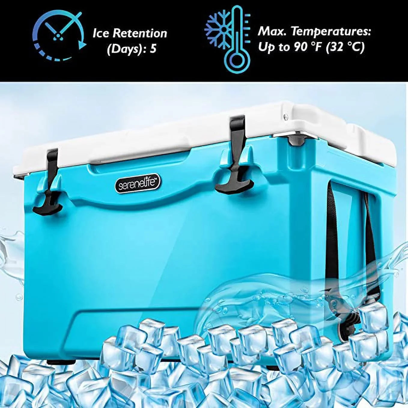 SereneLife 35-Quart Heavy Duty Portable Cooler Box Holds Up to 63 Cans, Keep Ice Up to 5 Days, Blue
