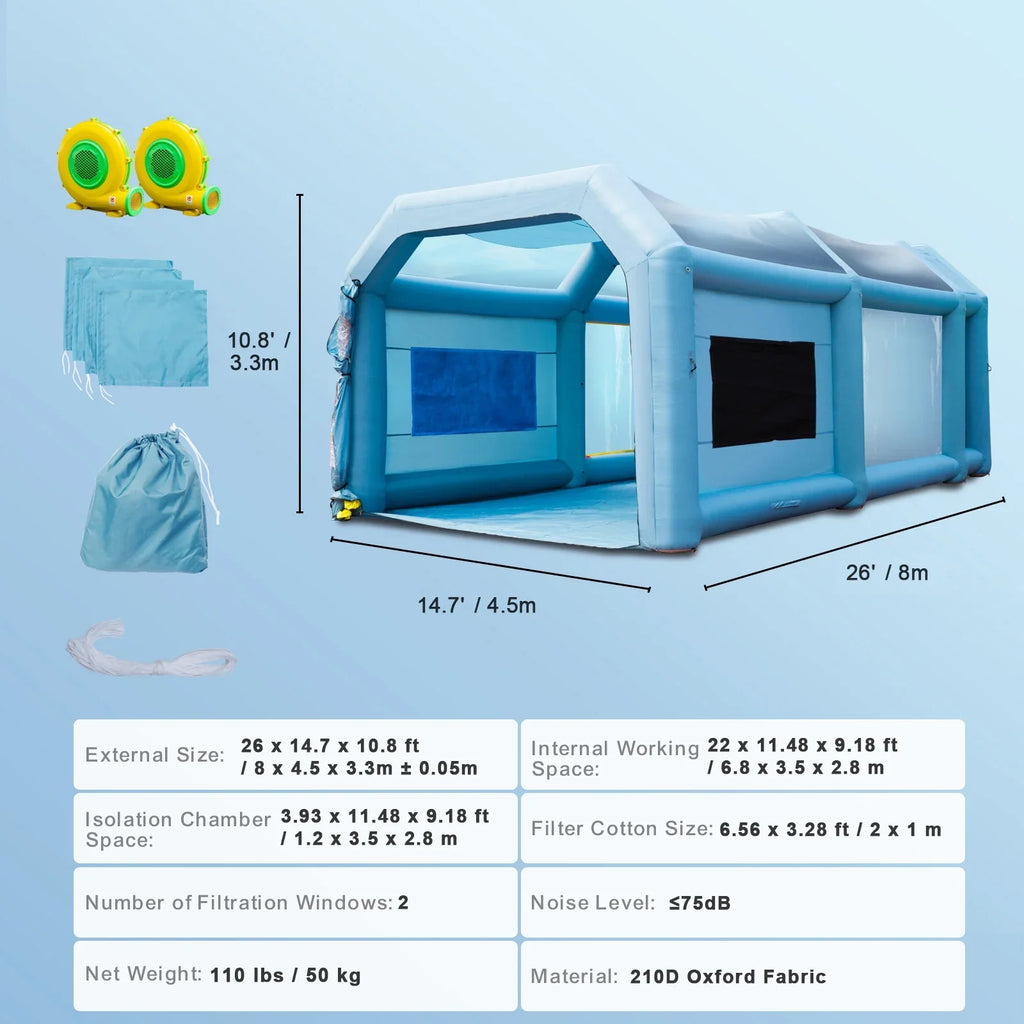 Inflatable Paint Booth 26x15x11ft Inflatable Spray Booth Car Paint Tent with 750W+950W Filter System Blower