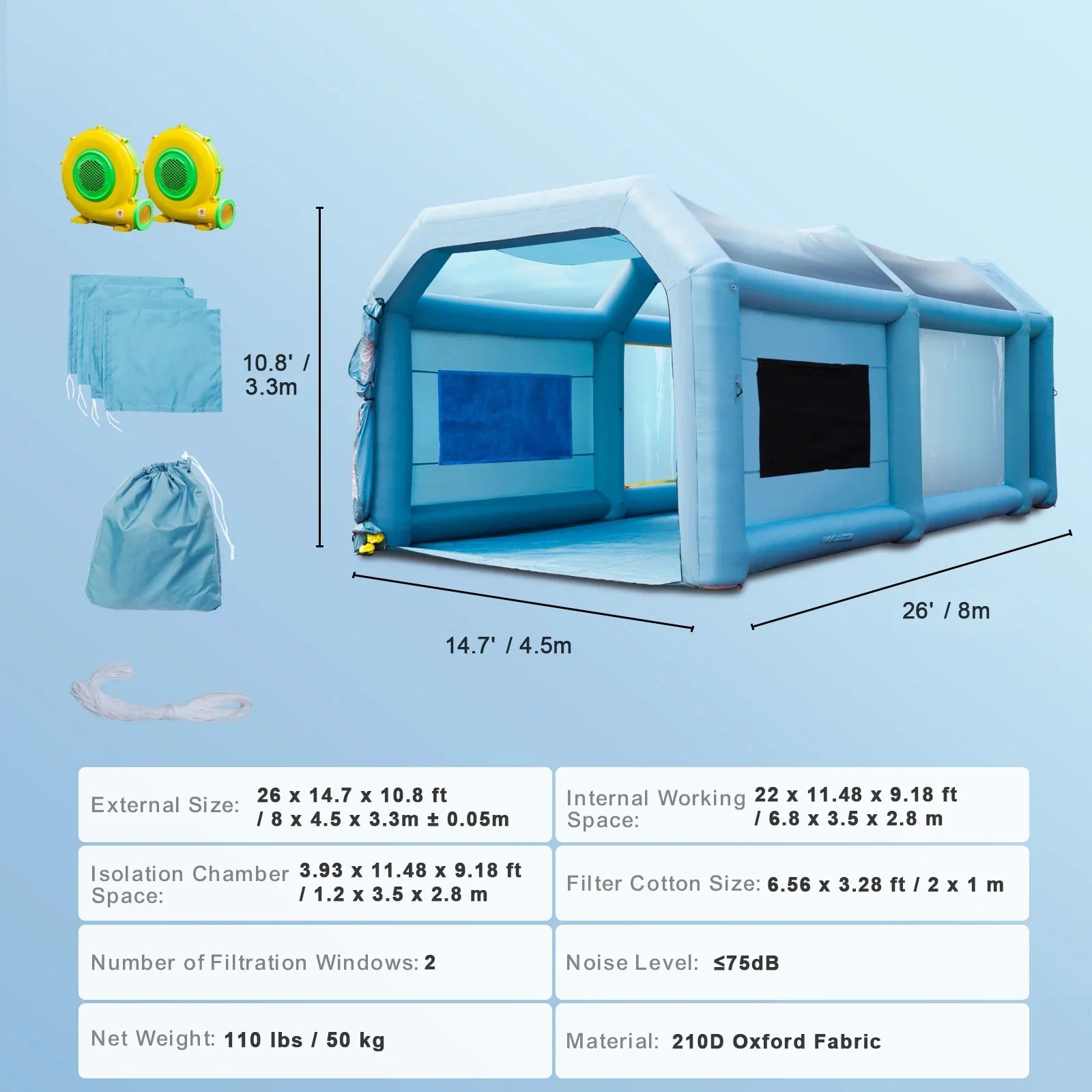 Inflatable Paint Booth 26x15x11ft Inflatable Spray Booth Car Paint Tent with 750W+950W Filter System Blower