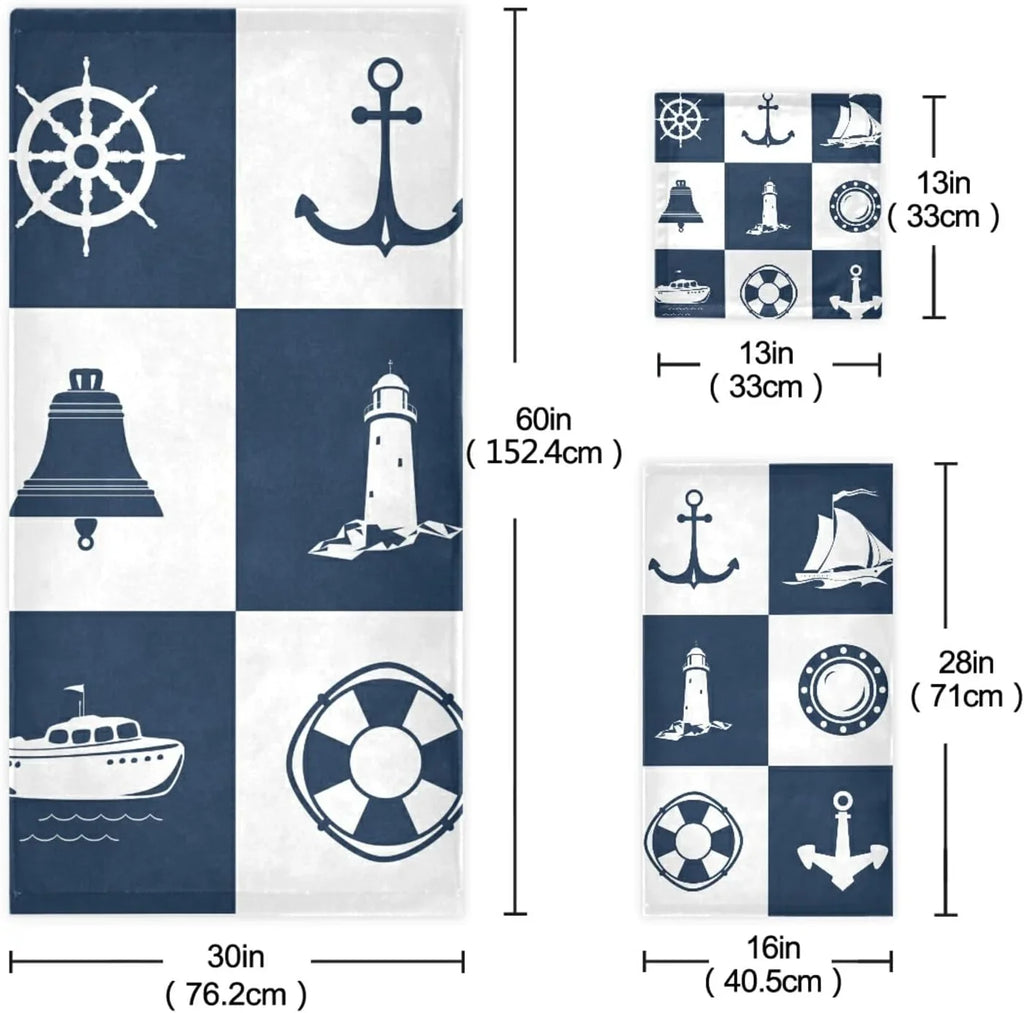 Bestwell Bath Towel Sets for Bathroom Hand Towels Fingertip Towels Sailing Vessel Anchor Lighthouse Checked 3 Piece Decorative Soft Cotton Absorbent