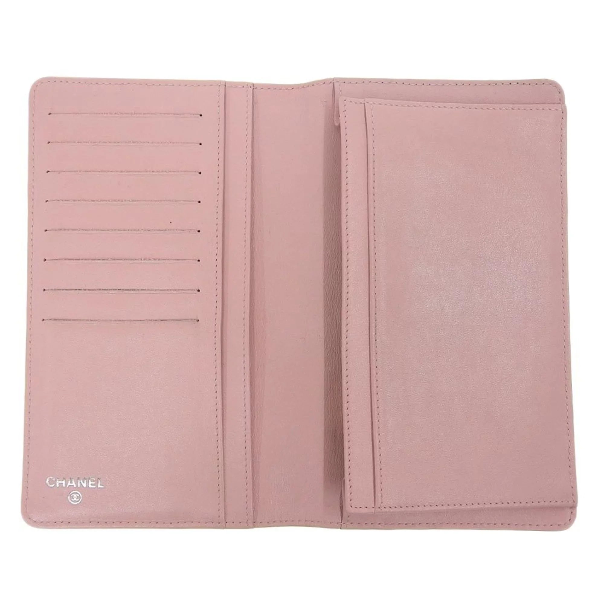 Pre-Owned Chanel  logo here mark bi-fold long wallet caviar skin pink A48651 16 series (Good)