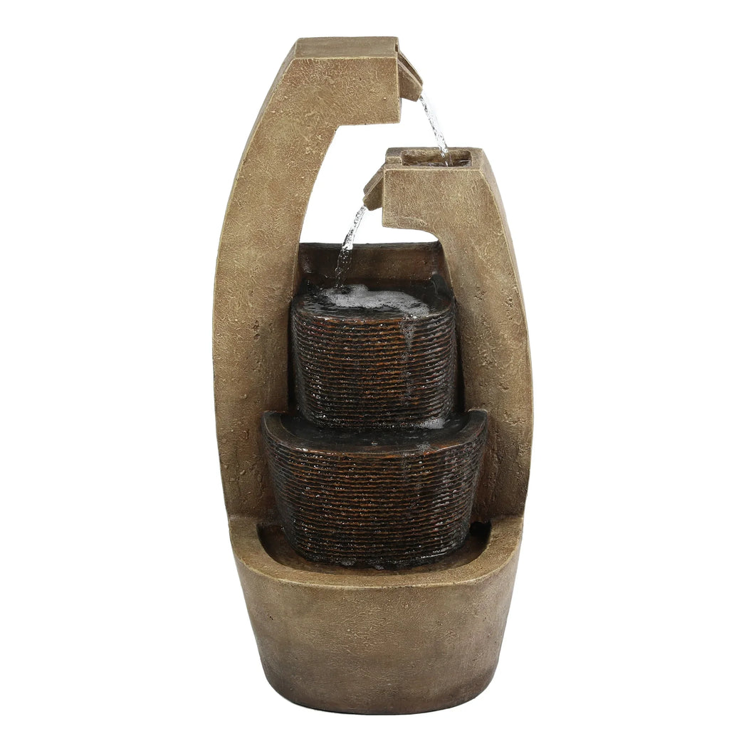 LuxenHome Brown Cement Modern Sculpture Outdoor Fountain with  Light