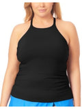 Women's Black Stretch Removable Cups Pull-On High Neck Swimsuit Top 18W