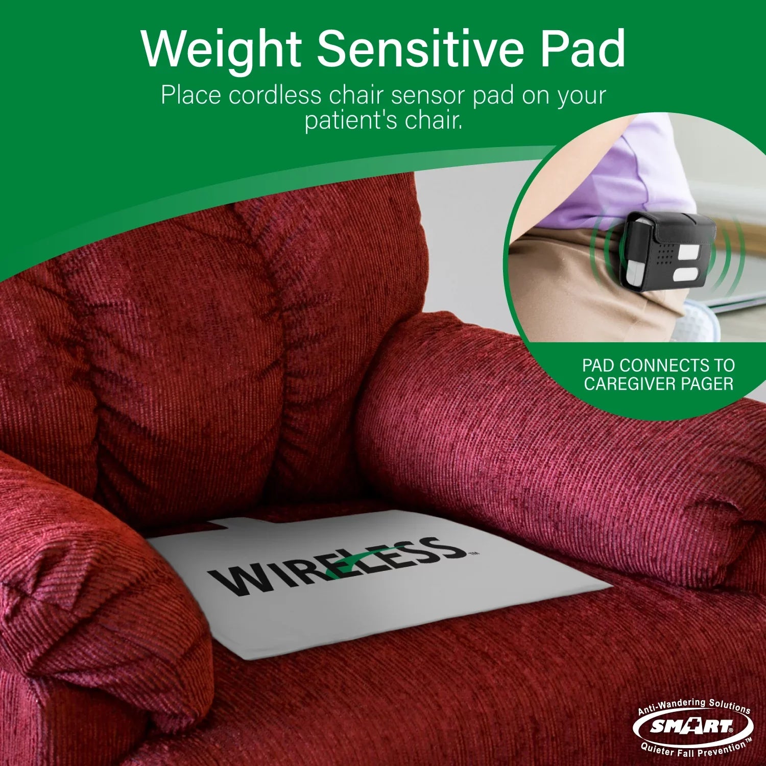 Smart Caregiver Wireless Chair Alarm System with Pager and Weight Sensor for Fall Prevention | 10" x 15" Pressure Sensor Alarm for Chair Alerts Caregiver | Cordless Chair Alarm with up to 300' Range