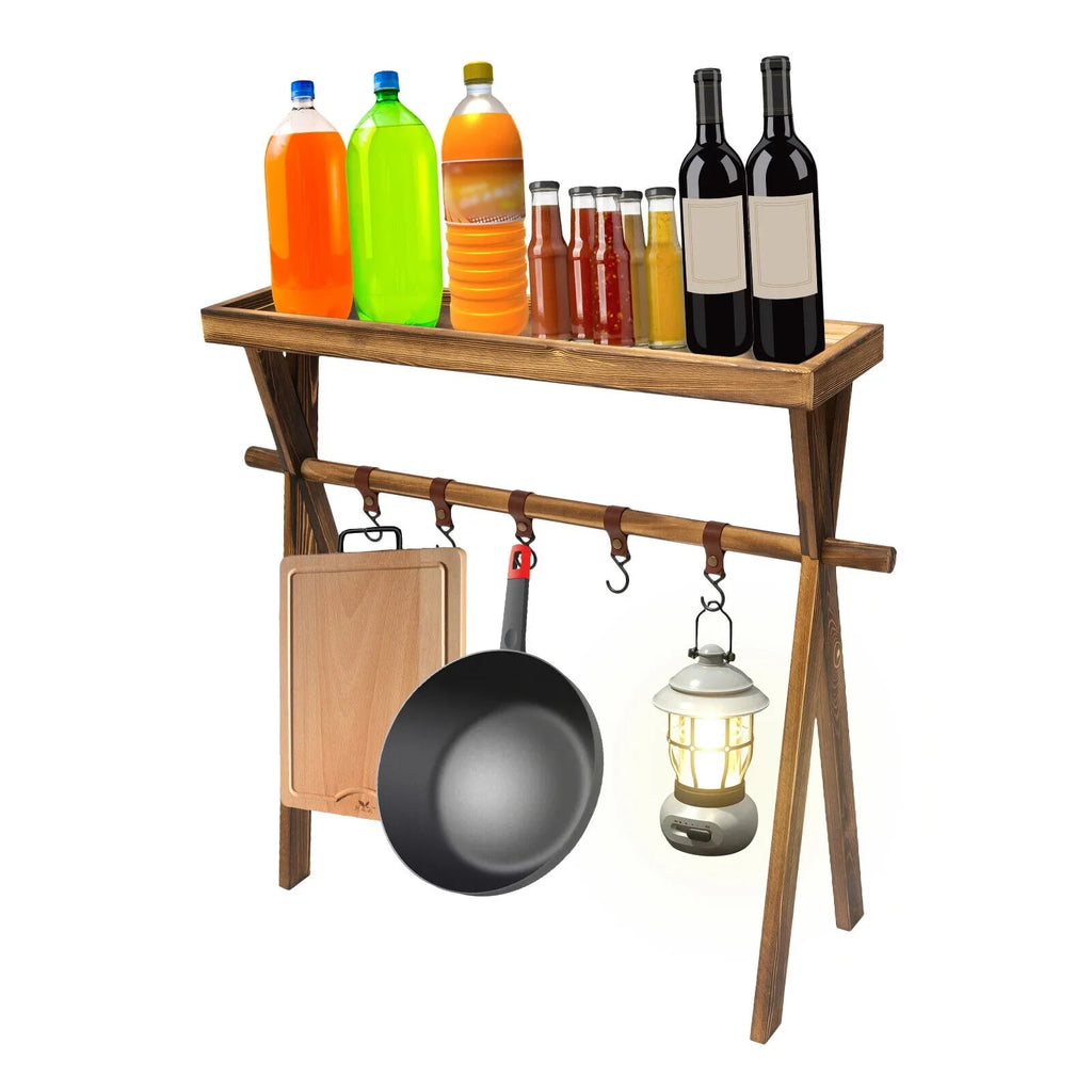 Miumaeov Wooden Portable Picnic Rack Outdoor Grill Rack Storage Table Shelf for Picnic, Camping,