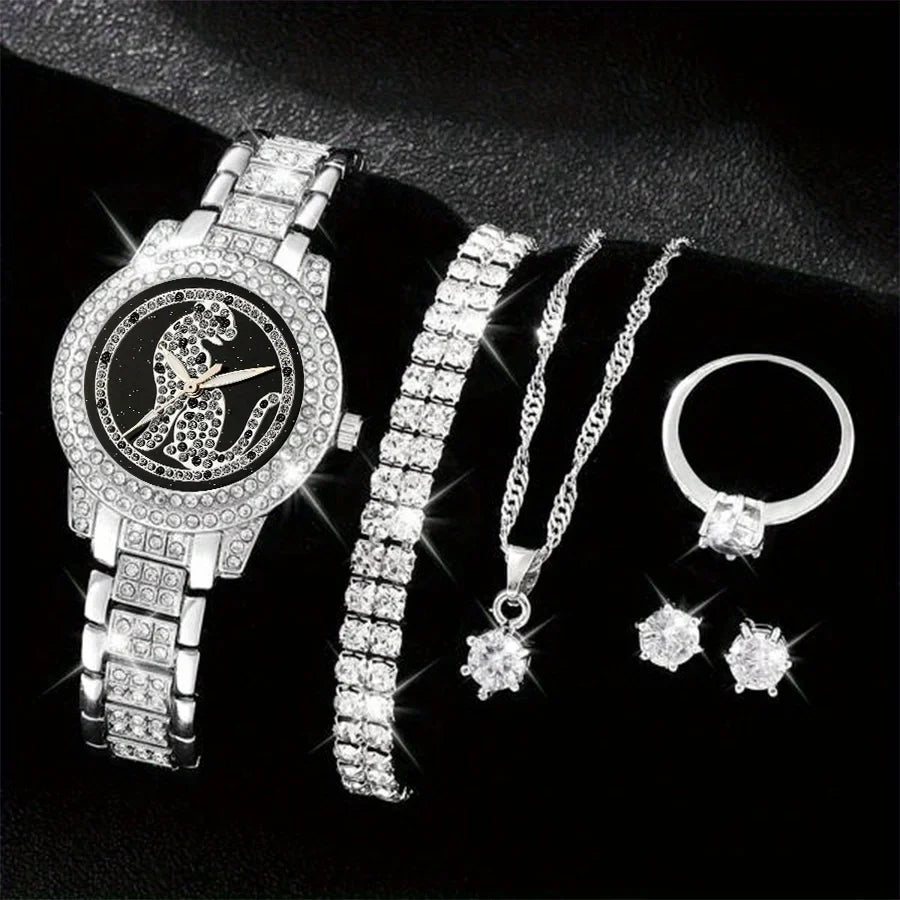 Luxury Rhinestone Quartz Watch Hiphop Fashion Analog Wrist Watch & 6pcs Jewelry Set, Gift For Women Her
