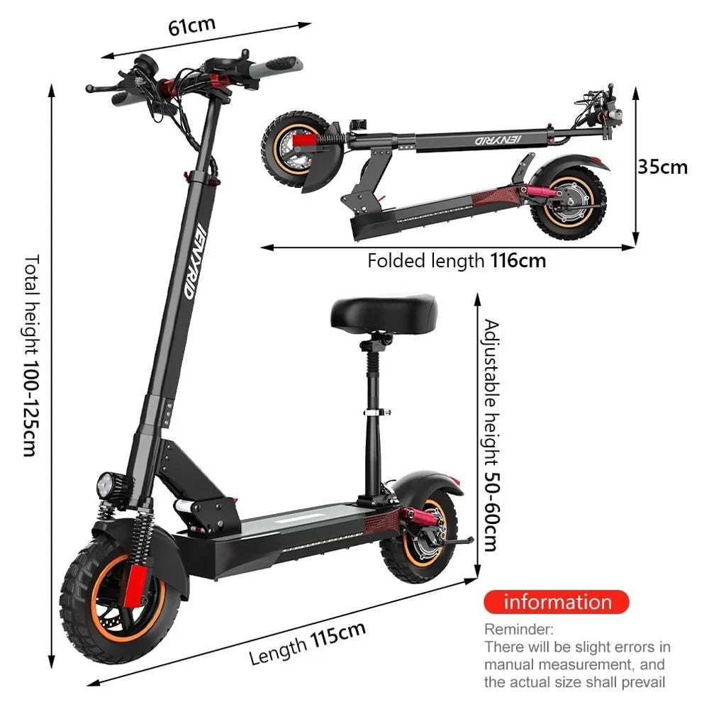 iENYRID Commuter E-Scooter Adult Electric Scooter with Seat,  Folding Adult Electric Skateboard up to 330lbs and 28 Miles Long Range, 10 inch Off Road Tires 600W(Peak 800W)