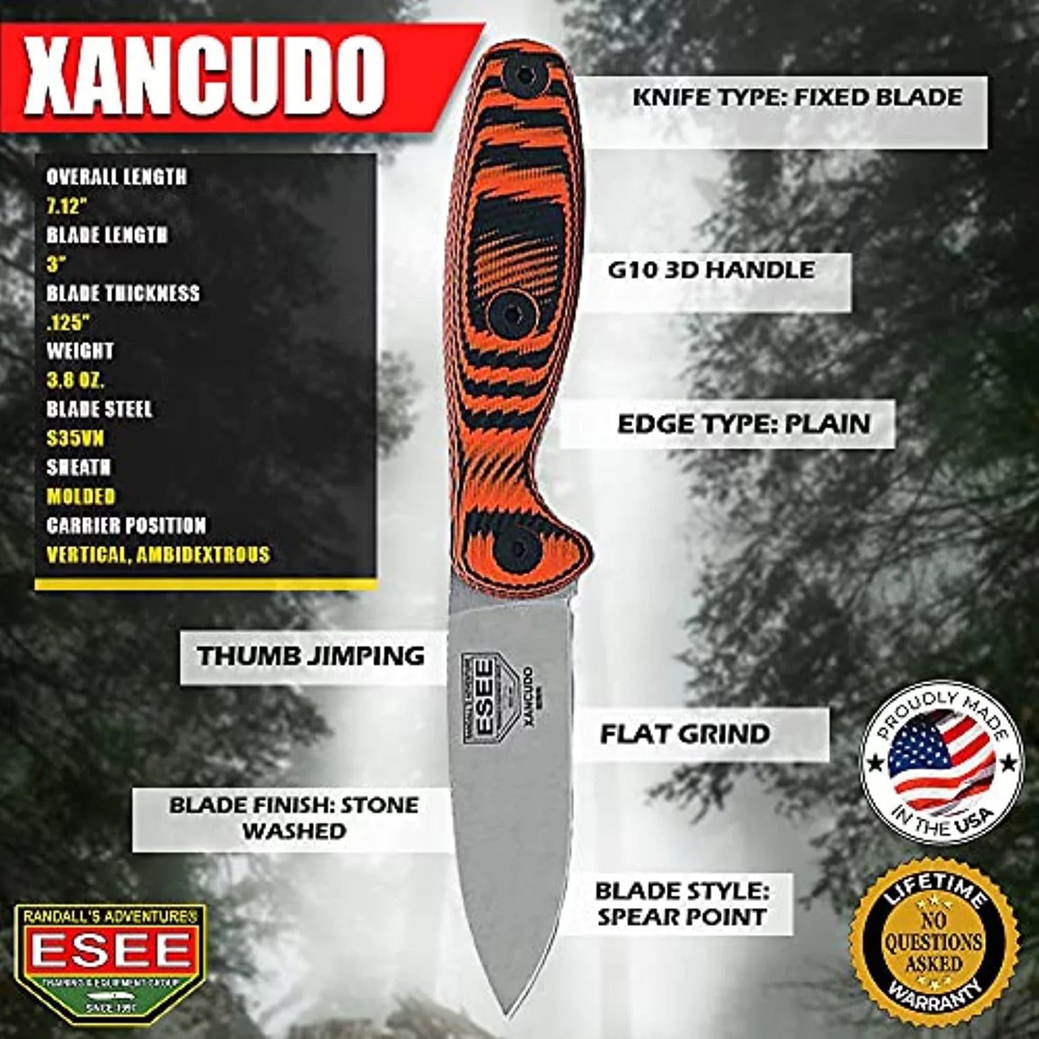 XAN2-006 Xancudo Fixed Blade Knife S35VN Stainless Steel & Orange/Black G10 Knives
