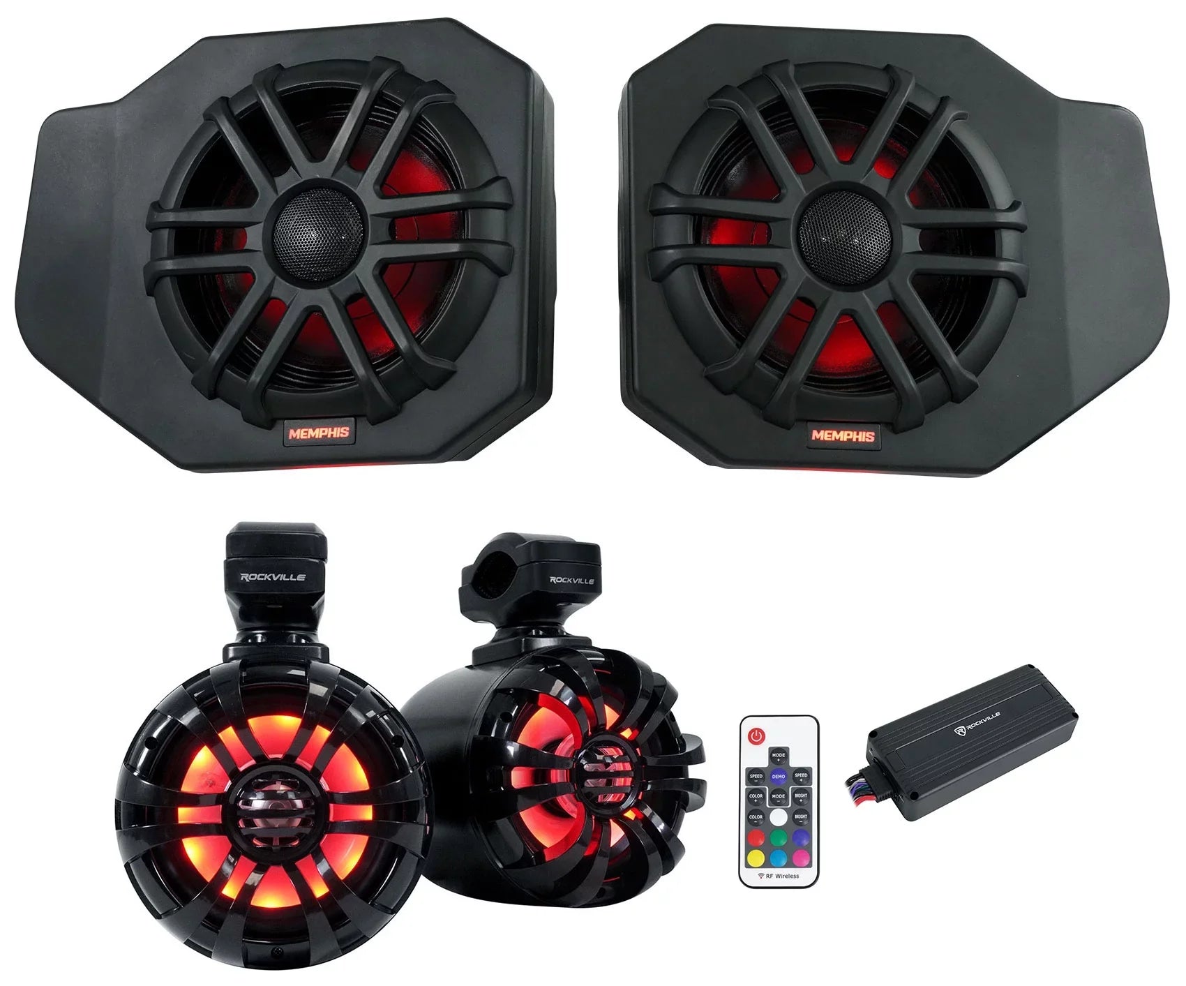 Pair Memphis Audio RNGR65FE Pods+ Tower Speakers+Amp For 2018+ Polaris Ranger