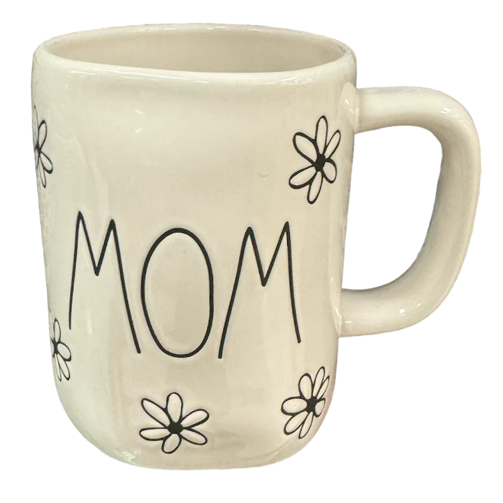 Rae Dunn  Ivory Ceramic Mug Black  Letters Black Daisys 16 oz dishwasher safe may get hot in Microwave Mother's Day