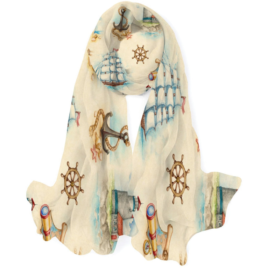 Nautical Watercolor Silk Long Scarf for Women Large Oblong Sunscreen Shawls Wraps Neck Headscarf Hair Wraps Gift Packed