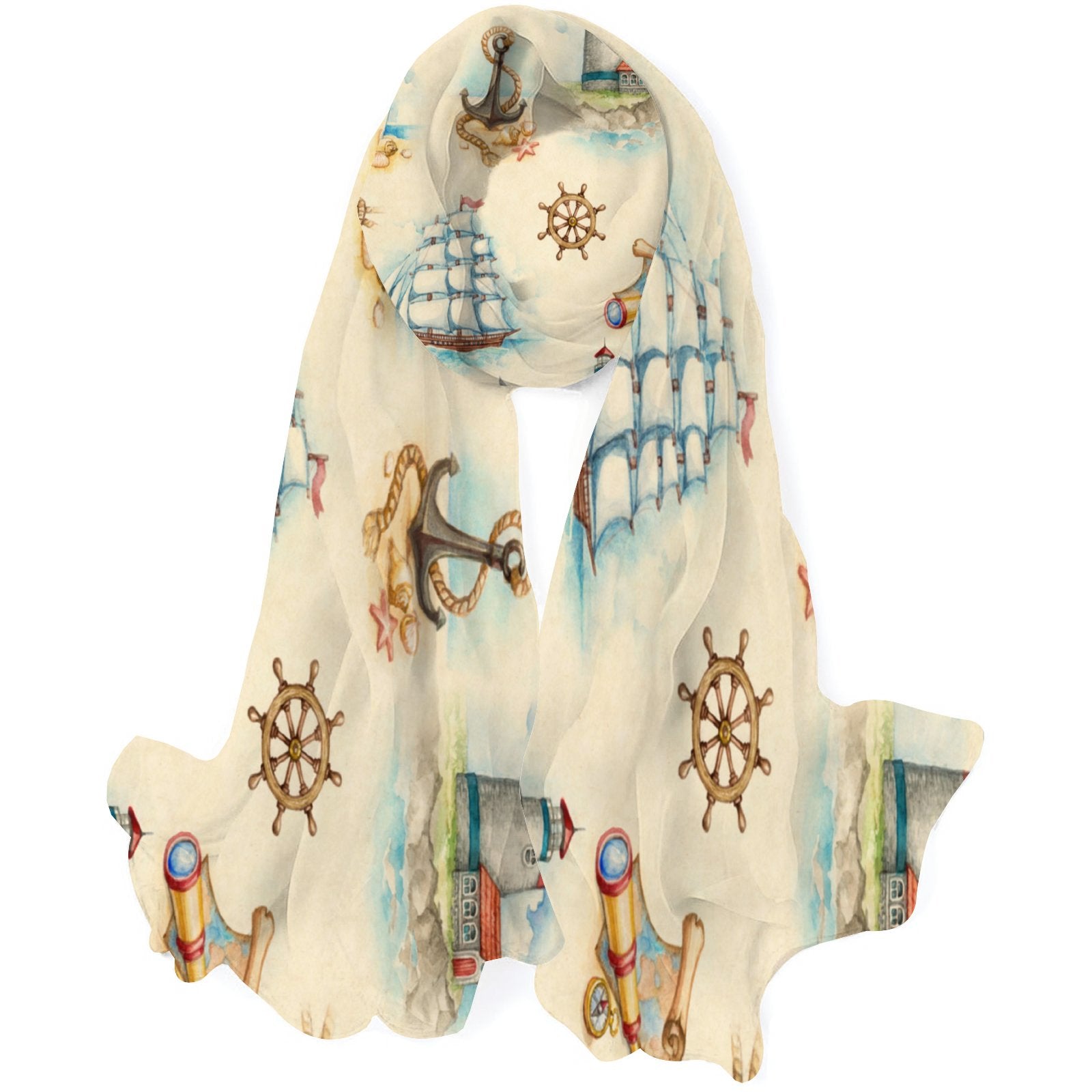 Nautical Watercolor Silk Long Scarf for Women Large Oblong Sunscreen Shawls Wraps Neck Headscarf Hair Wraps Gift Packed