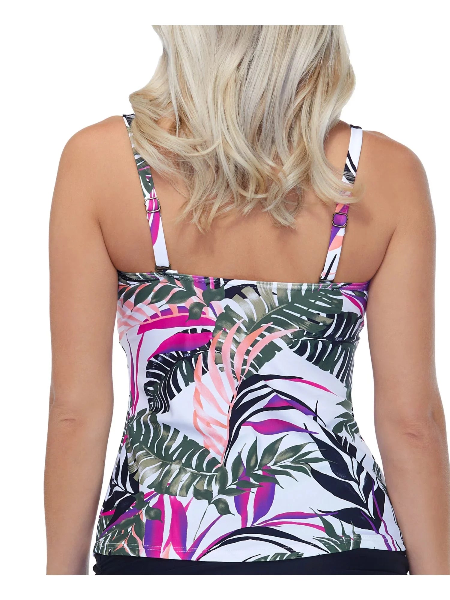 Women's White Tropical Print Stretch Ruffled Sweetheart Neck Aloha Palms Tankini Swimsuit Top 12