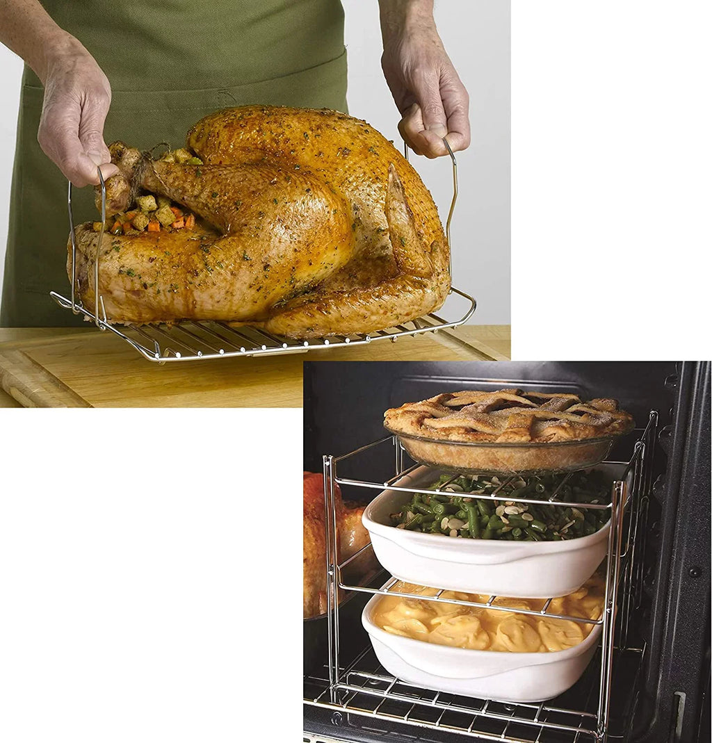 3-Tier Collapsible Oven Rack & Turkey Lifter Roasting Rack | Space Saving Oven Rack For Multiple Roasting And Baking Tasks | Includes (1) Oven Rack & (1) Turkey Lifter