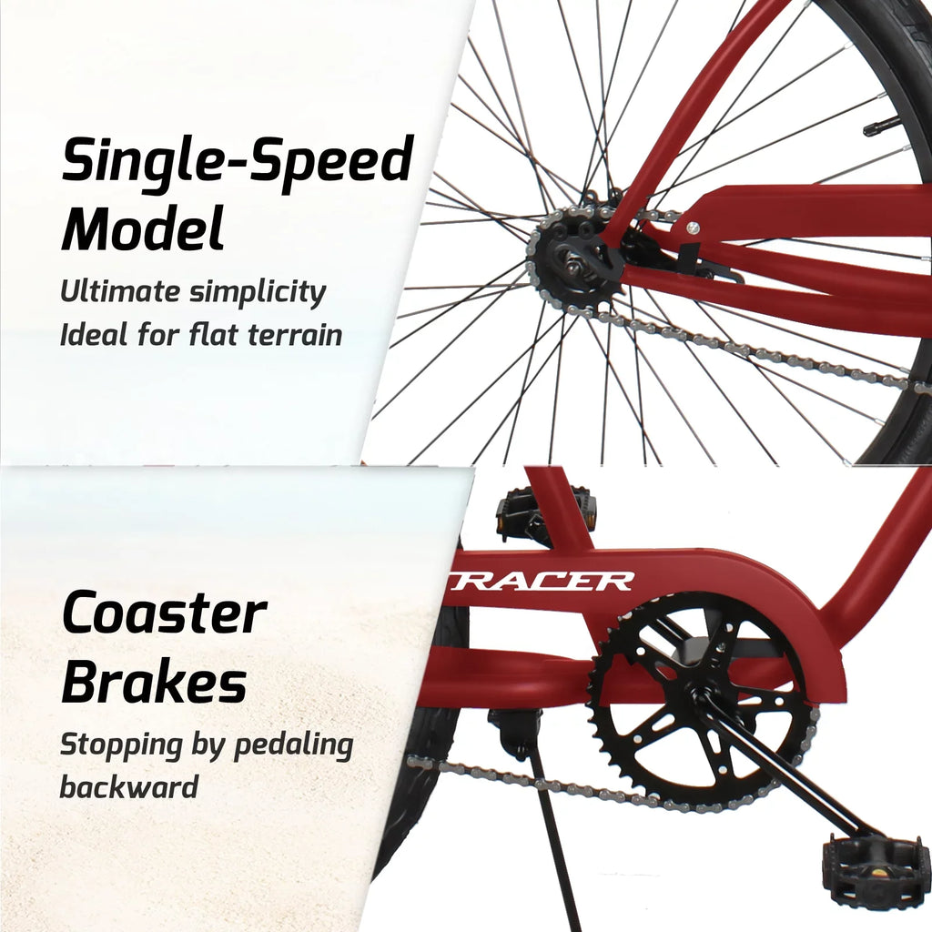 Tracer Ace 26 Inch Beach Cruiser Bikes Single Speed with Coaster Brake for Men - Red