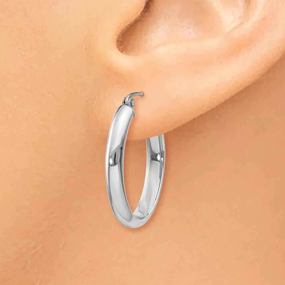 Real 14kt White Gold Polished 3.75mm Oval Tube Hoop Earrings; for Adults and Teens; for Women and Men