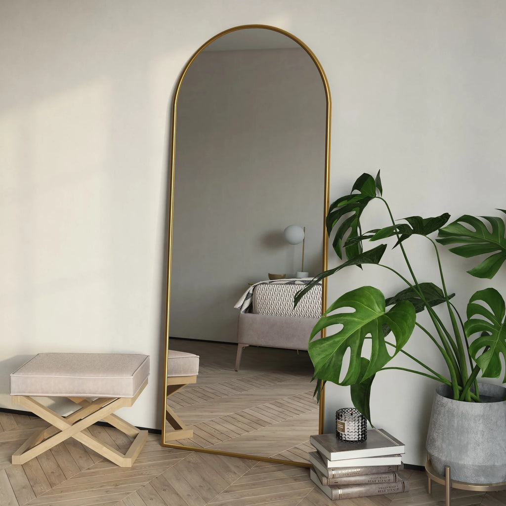 Nadia Arch Gold Metal 70"x28" Modern Glam Floor Mirror
