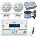 21-29' Pontoon Boat Audio Bundle: Pyle Double  Bluetooth Marine Receiver, 4x 6.5'' Waterproof White Speakers, 4-Channel Amplifier, Amp Installation Kit, 18 Gauge 50  Speaker Wire, Radio Antenna