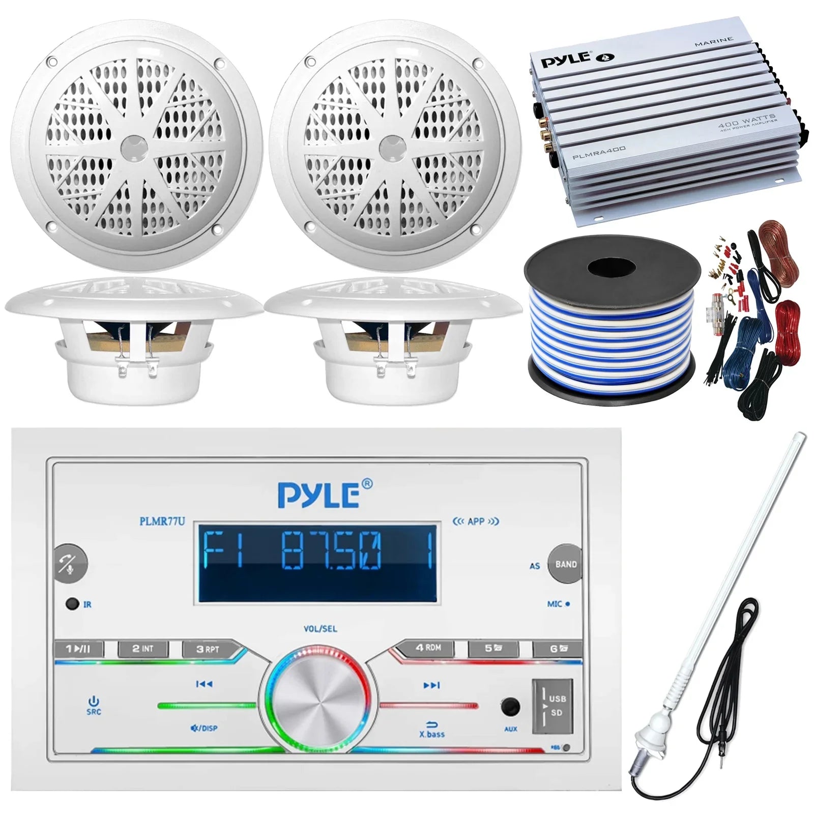 21-29' Pontoon Boat Audio Bundle: Pyle Double  Bluetooth Marine Receiver, 4x 6.5'' Waterproof White Speakers, 4-Channel Amplifier, Amp Installation Kit, 18 Gauge 50  Speaker Wire, Radio Antenna