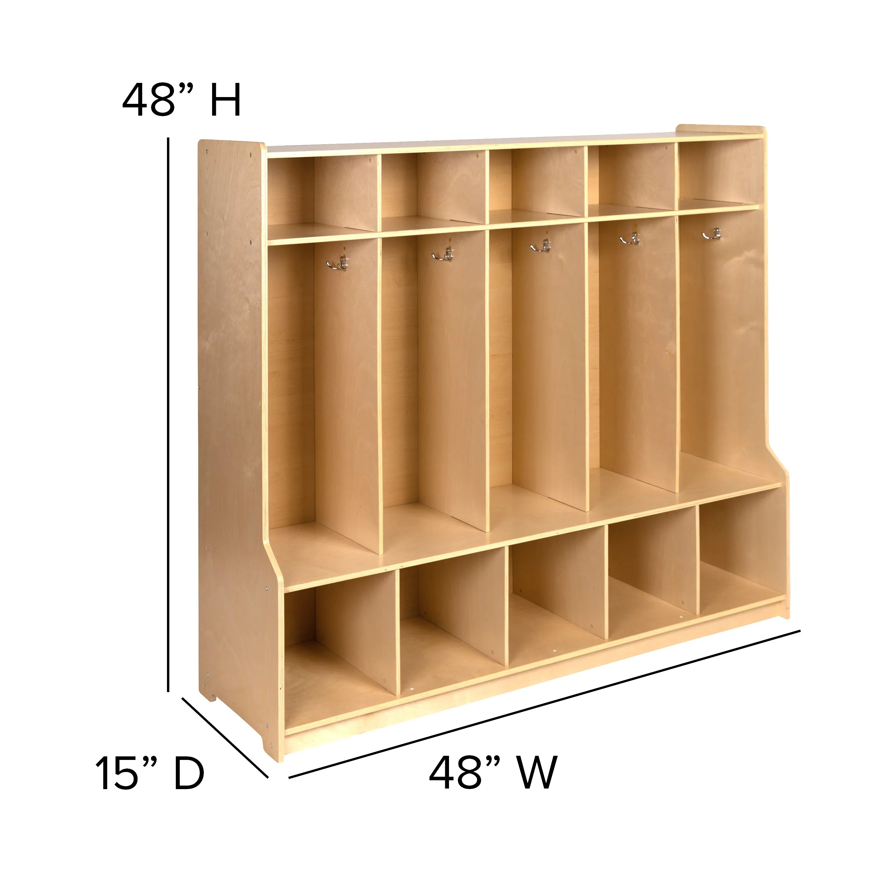 BizChair Wooden 5 Section School Coat Locker with Bench, Cubbies, and Storage Organizer Hook-Safe, Kid Friendly Design - 48"H x 48"L (Natural)