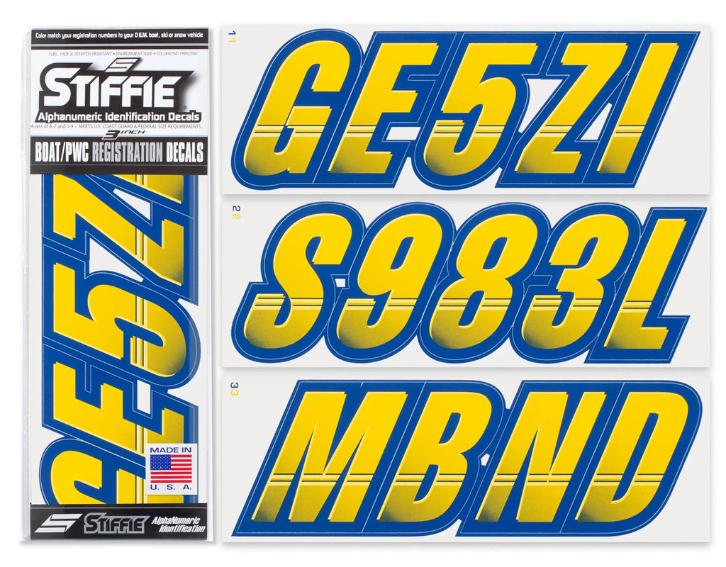 Techtron Yellow/Navy 3" Alpha-Numeric Identification Custom Kit Registration Numbers & Letters Marine Stickers Decals for Boats & Personal Watercraft