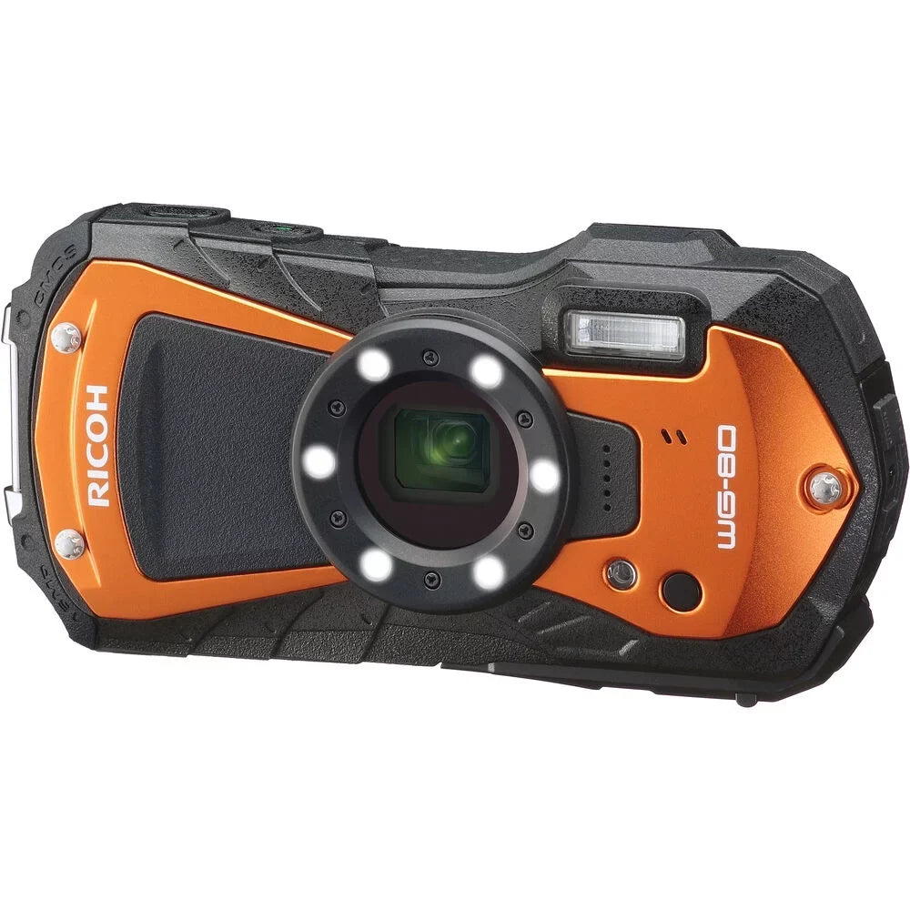 Ricoh -80 Waterproof Digital Camera (Orange) with 64GB Extreme Pro  Card + Small Case + Selfie Stick + Memory Card Wallet + Memory Card Reader + 6Ave Cleaning Kit