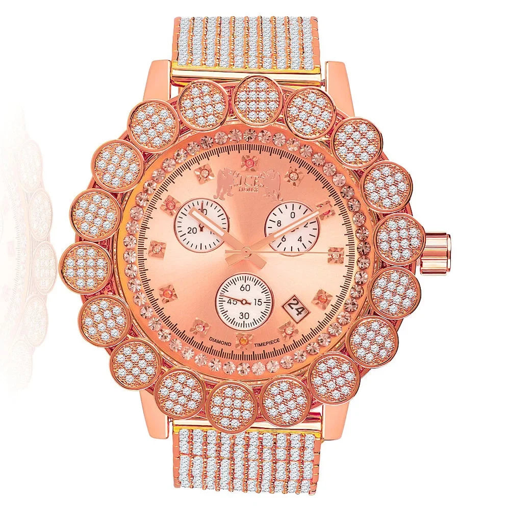 Men's Real Diamond Khronos Watch 14k Rose Gold Tone Big Face Flower Bezel Full Iced Out Band W/Date