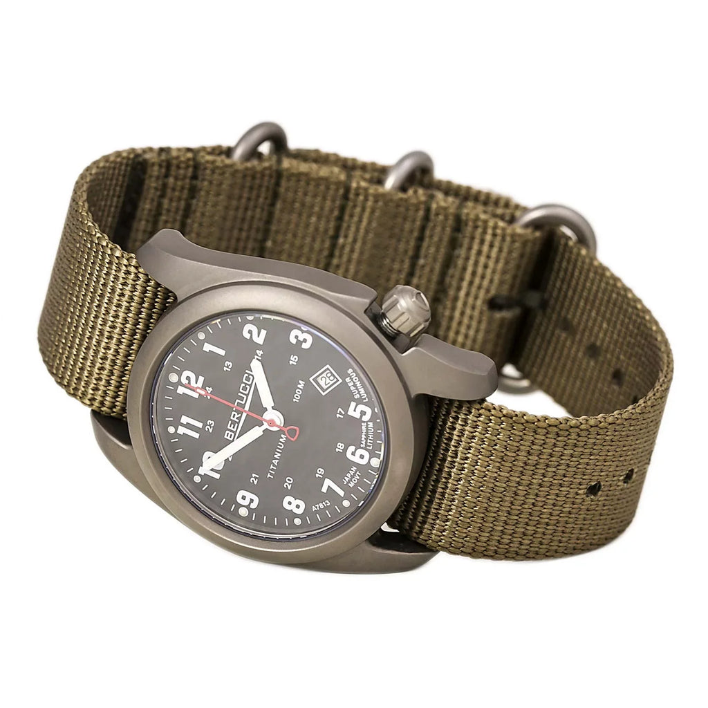 Mens A-2T Original Classic Analog Titanium Watch - Beige Nylon Strap - Black Dial - 12724