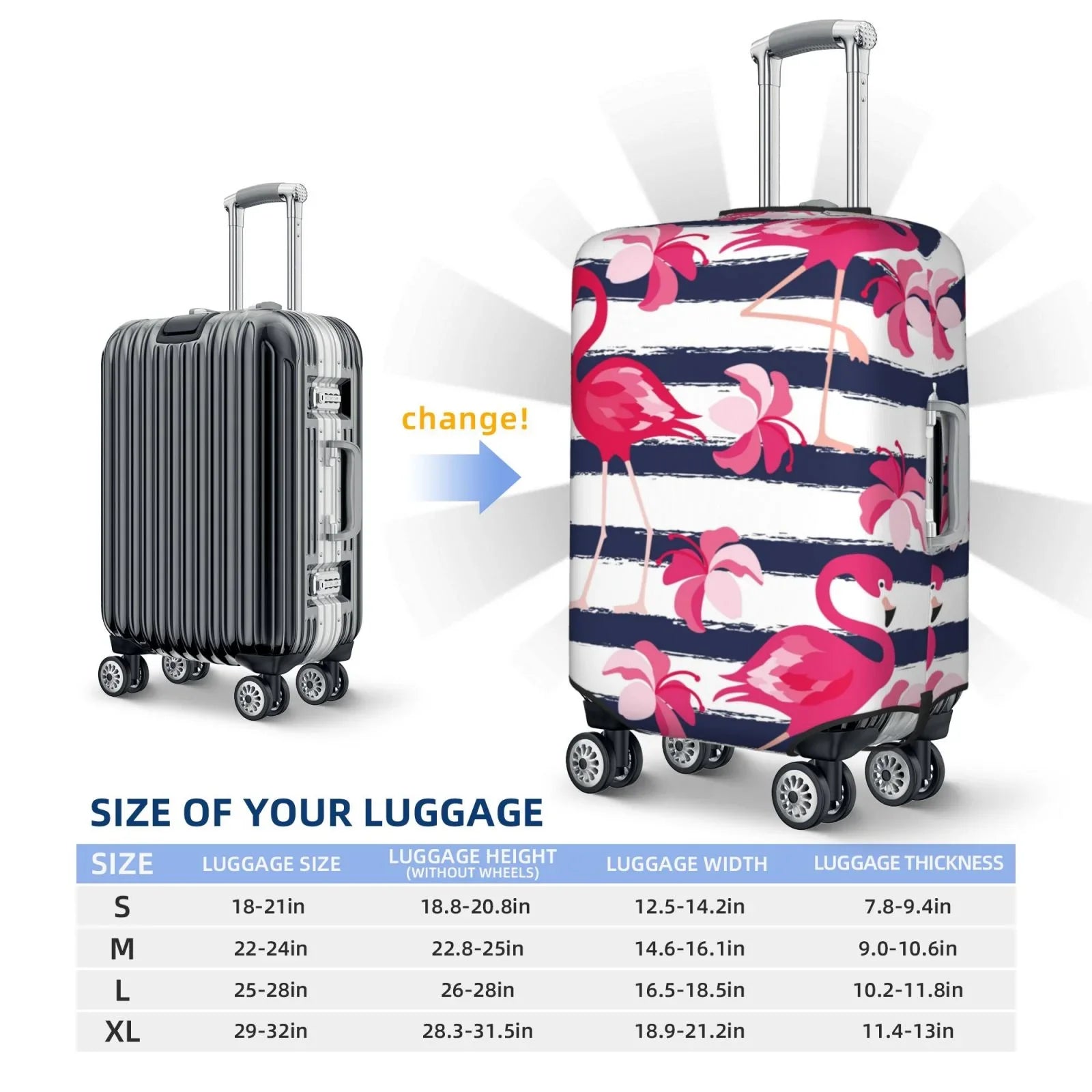Ocsxa Travel Dust-Proof Suitcase Cover Dark Blue Stripes And Pink Flamingos Print Luggage Cover Protector For 18-32inch