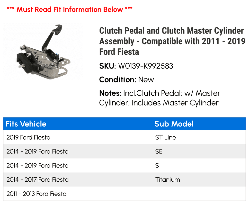 Clutch Pedal and Clutch Master Cylinder Assembly - Compatible with 2011 - 2019 Ford Fiesta 2012 2013 2014 2015 2016 2017 2018